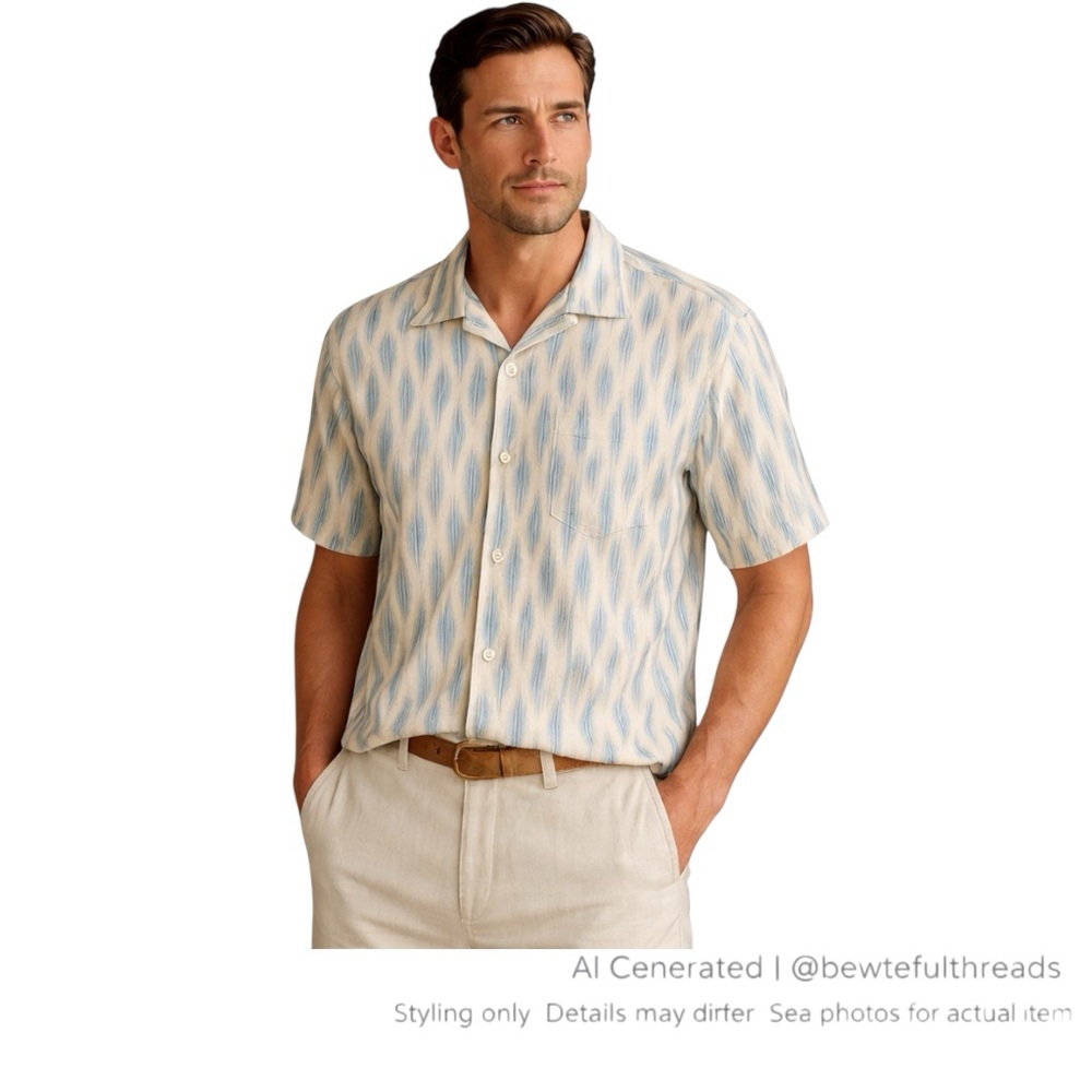 Tommy Bahama Silk Blend Ikat Resort Shirt Men’s Large Blue Relax Fit